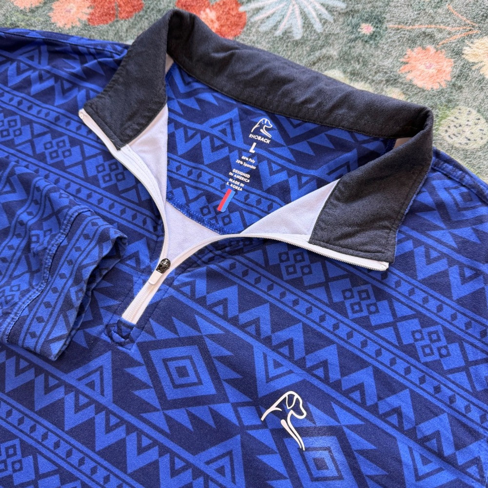 Rhoback Mens Large Blue Aztec Geometric Performance Quarter Zip Pullover Golf - Picture 8 of 8